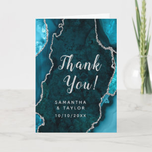 Tarjeta De Agradecimiento Boda de Mármol Teal y Ágata Plateada