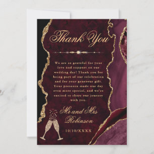 Tarjeta De Agradecimiento Boda de Mármol y Ágata con Brillo Rojo y Dorado