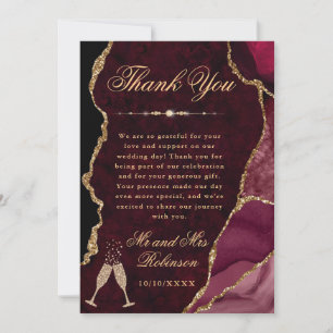 Tarjeta De Agradecimiento Boda de Mármol y Ágata con Brillo Rojo y Dorado