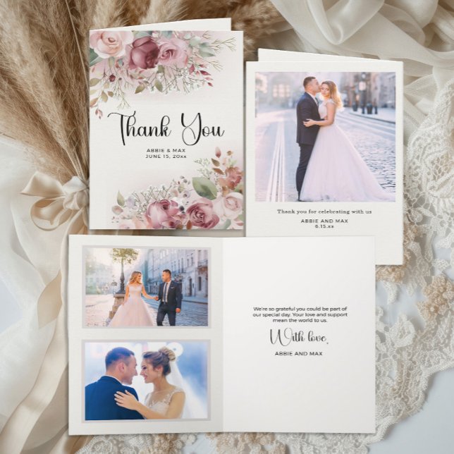 Tarjeta De Agradecimiento Boda de Mauve Rubor Floral 3-Photo (Mauve and rose gold folded wedding photo thank you card)