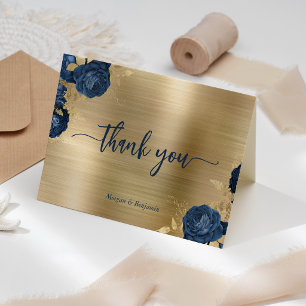 Tarjeta De Agradecimiento Boda de metal cepillado dorado floral azul marino