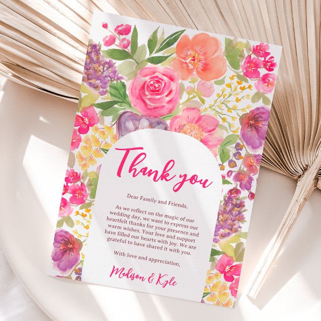 Tarjeta De Agradecimiento Boda de moda de escritura floral brillante bohemia (Bohemian bright floral arch script chic wedding thank you card)