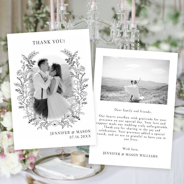 Tarjeta De Agradecimiento Boda de moda de flores blancas negras (Subido por el creador)