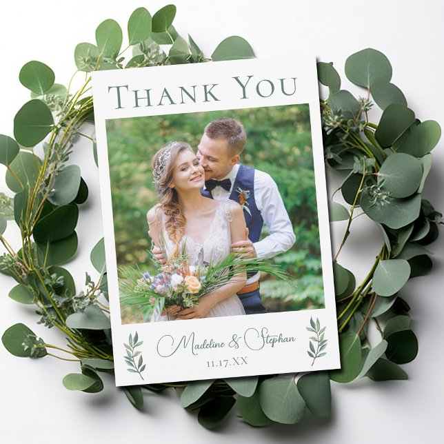 Tarjeta De Agradecimiento Boda de Moda simple foto hoja verde eucalipto (Subido por el creador)