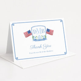 Tarjeta De Agradecimiento Boda De Monograma Azul Y Blanco Rojo Patriótico