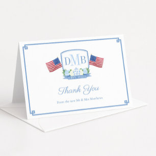 Tarjeta De Agradecimiento Boda De Monograma Azul Y Blanco Rojo Patriótico