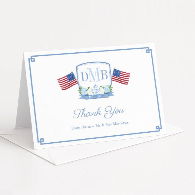 Tarjeta De Agradecimiento Boda De Monograma Azul Y Blanco Rojo Patriótico (Elegant and patriotic monogram crest with three letters, USA flags, hydrangeas and ginger jar)