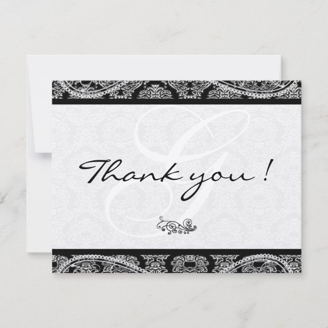 Tarjeta De Agradecimiento Boda de Monograma Black Damask Paisley Gracias (Anverso)