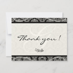 Tarjeta De Agradecimiento Boda de Monograma Black Damask Paisley Gracias
