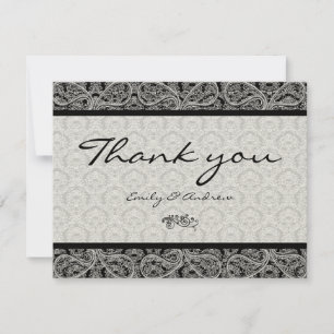 Tarjeta De Agradecimiento Boda de Monograma Black Damask Paisley Gracias