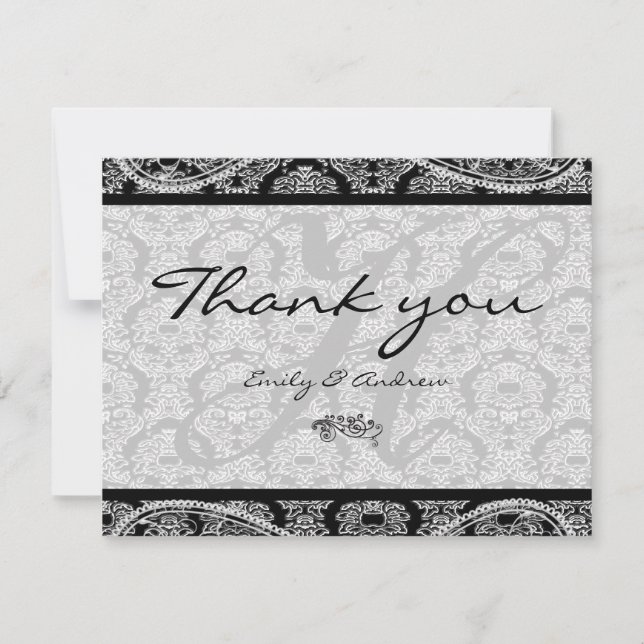 Tarjeta De Agradecimiento Boda de Monograma Black Damask Paisley Gracias (Anverso)