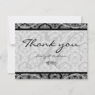 Tarjeta De Agradecimiento Boda de Monograma Black Damask Paisley Gracias