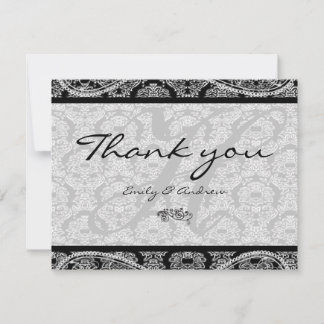 Tarjeta De Agradecimiento Boda de Monograma Black Damask Paisley Gracias