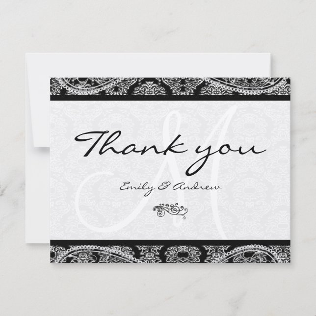 Tarjeta De Agradecimiento Boda de Monograma Black Damask Paisley Gracias (Anverso)