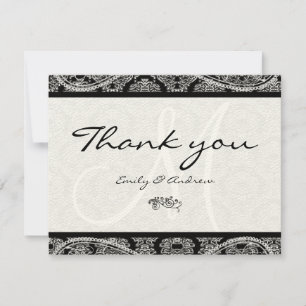 Tarjeta De Agradecimiento Boda de Monograma Black Damask Paisley Gracias
