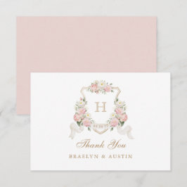Tarjeta De Agradecimiento Boda de Monograma de Cresta de Vegetación Rosas Fl