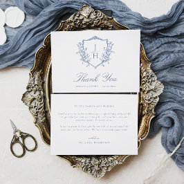 Tarjeta De Agradecimiento Boda de Monograma de Cresta Floral Regencia Azul 