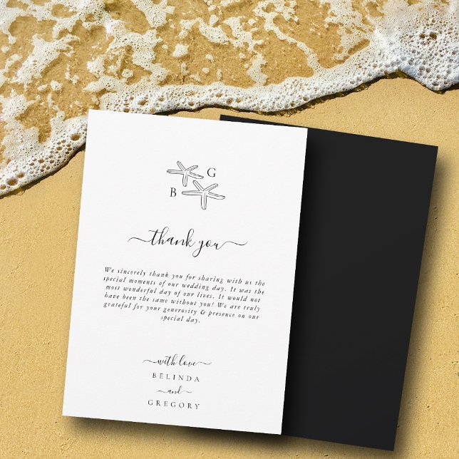 Tarjeta De Agradecimiento Boda de monograma de la playa de Starfish minimali (Minimalist Starfish Beach Monogram Wedding Thank You Card)