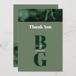 Tarjeta De Agradecimiento Boda de monograma de mármol verde moderno