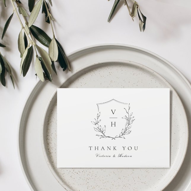 Tarjeta De Agradecimiento Boda de monograma escudo botánico de elegancia sim (Simple elegance botanical crest monogram wedding thank you card)