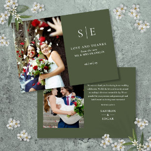 Tarjeta De Agradecimiento Boda de Monograma Verde Oliva 2 Fotos