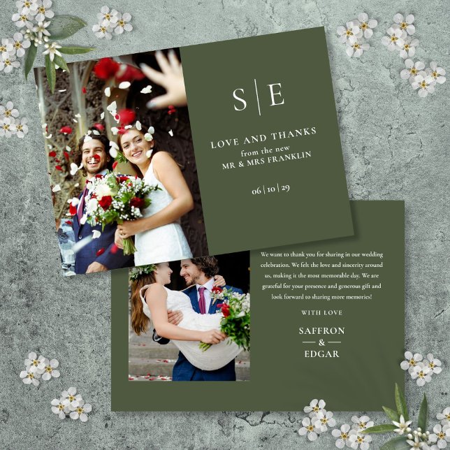 Tarjeta De Agradecimiento Boda de Monograma Verde Oliva 2 Fotos (Olive Green Monogram 2 Photo Wedding Thank You Card)