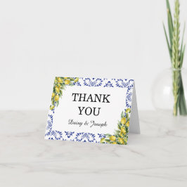 Tarjeta De Agradecimiento Boda de mosaico azul de lemones mediterráneos