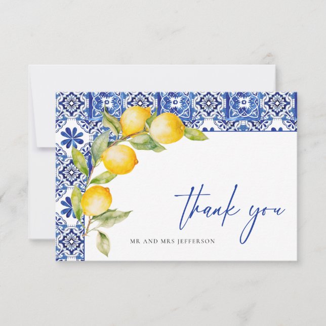 Tarjeta De Agradecimiento Boda de mosaicos azules de Lemons en el Mediterrán (Anverso)