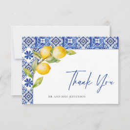 Tarjeta De Agradecimiento Boda de mosaicos azules de Lemons en el Mediterrán