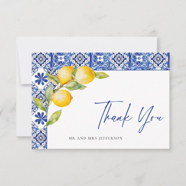 Tarjeta De Agradecimiento Boda de mosaicos azules de Lemons en el Mediterrán (Anverso)