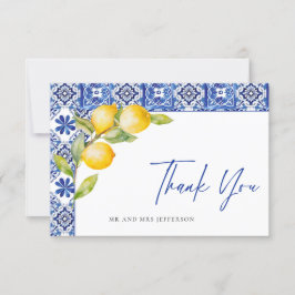Tarjeta De Agradecimiento Boda de mosaicos azules de Lemons en el Mediterrán