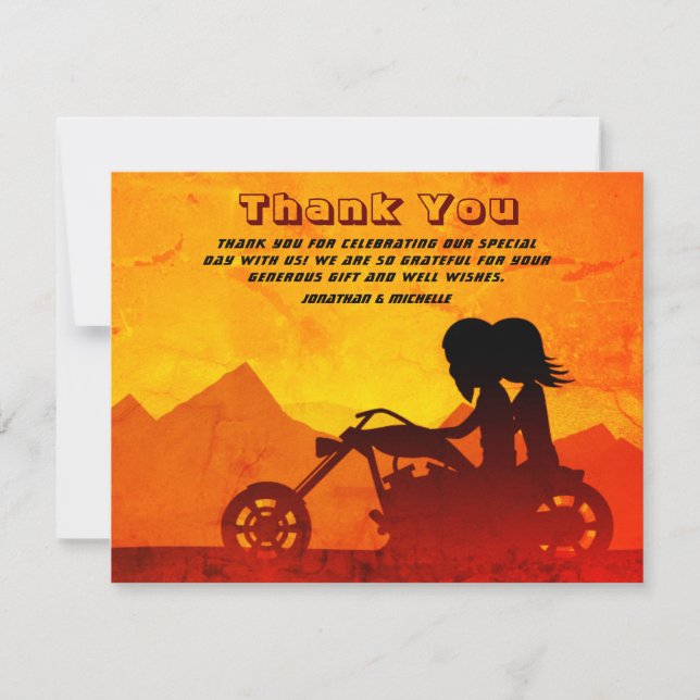 Tarjeta De Agradecimiento Boda de Motorcycle Couple Mountain Sunset (Anverso)