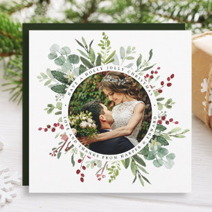 Tarjeta De Agradecimiento Boda de Navidad con vegetación botánica Foto cuadr