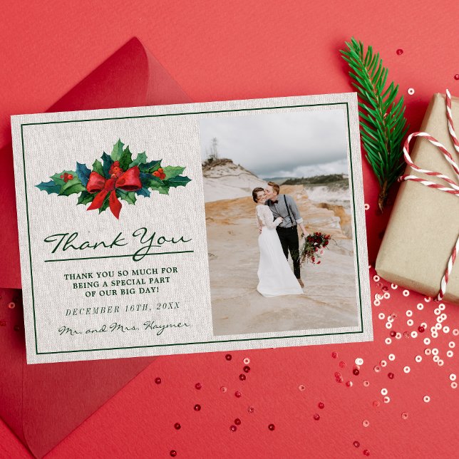 Tarjeta De Agradecimiento Boda de Navidades de Holiday Wreath Poinsettia (Subido por el creador)