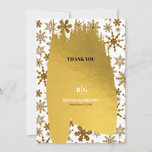 Tarjeta De Agradecimiento Boda de Navidades festivos Golden Snowflakes (Anverso)