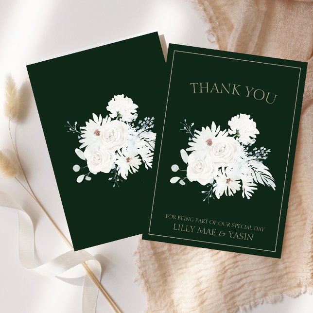 Tarjeta De Agradecimiento Boda de Navidades Verdes Florales Blancas de Invie (Winter White Floral Green Christmas Wedding Thank You Card)
