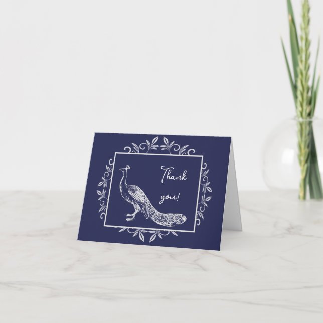 Tarjeta De Agradecimiento Boda de Navy Peacock Flourish Gracias (Anverso)