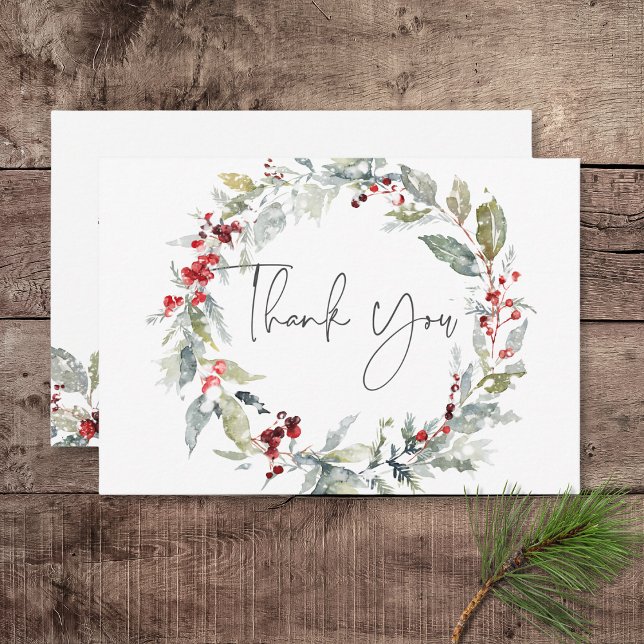 Tarjeta De Agradecimiento Boda de Nieve y Berries, un invierno ruso (Rustic Winter Holly Berries & Snow Wedding Thank You Card)