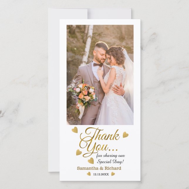 Tarjeta De Agradecimiento Boda De Novia Y Groom Foto Guión De Oro (Anverso)