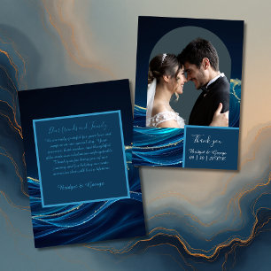 Tarjeta De Agradecimiento Boda de Olas Oceánicas con Acento Dorado