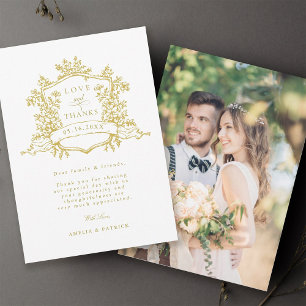 Tarjeta De Agradecimiento Boda de oro de Escudo floral clásico