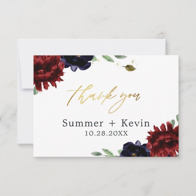 Tarjeta De Agradecimiento Boda de oro de la Marina Borgoña Peony Gracias (Anverso)