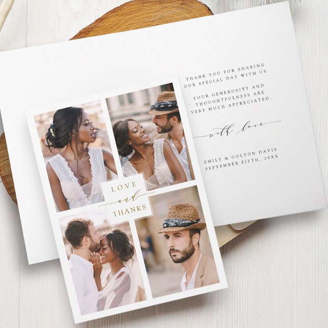 Tarjeta De Agradecimiento Boda de oro moderno de 4 Collages de fotos (Front & Inside)