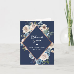 Tarjeta De Agradecimiento Boda de oro Rosa floral neutro azul de la Marina