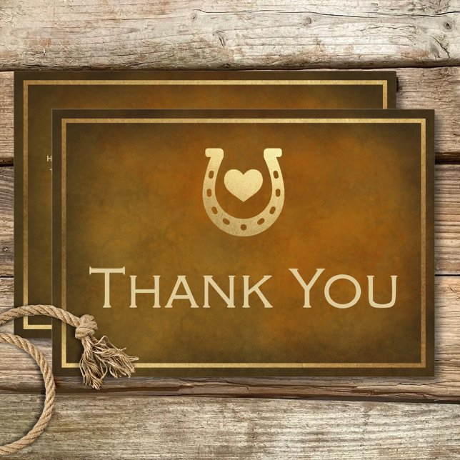 Tarjeta De Agradecimiento Boda de Oro y Marrón Rústico Occidental (Western Rustic Horseshoe Brown & Gold Wedding Thank You Card)