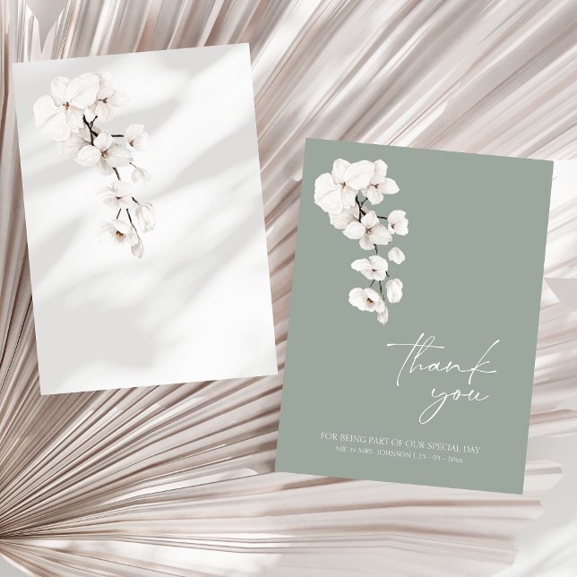 Tarjeta De Agradecimiento Boda de orquídea blanca verde sage moderna (Modern Sage Green White Orchids Wedding Thank You Card)
