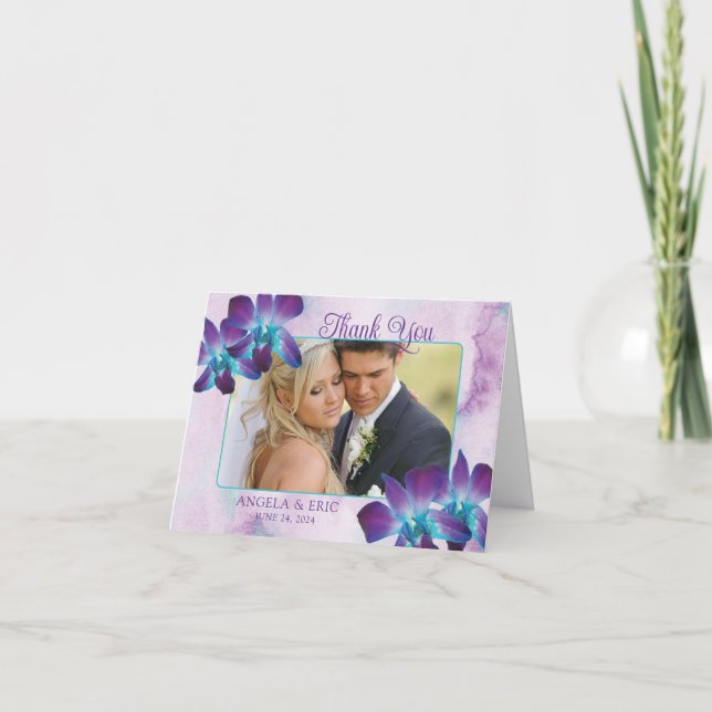 Tarjeta De Agradecimiento Boda de orquídeas azul morado Verde azulado (Anverso)