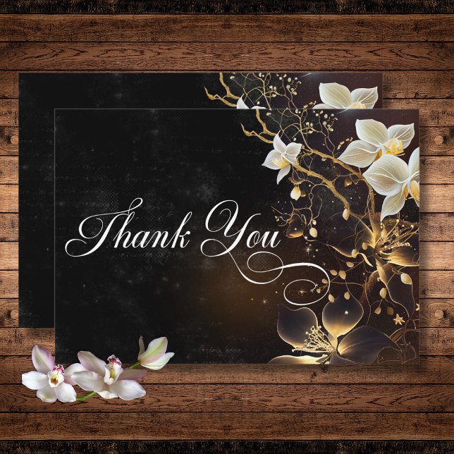 Tarjeta De Agradecimiento Boda de ortografía gótica negra y blanca (Dark Gothic Black & White Orchid Spells Wedding Thank You Card)