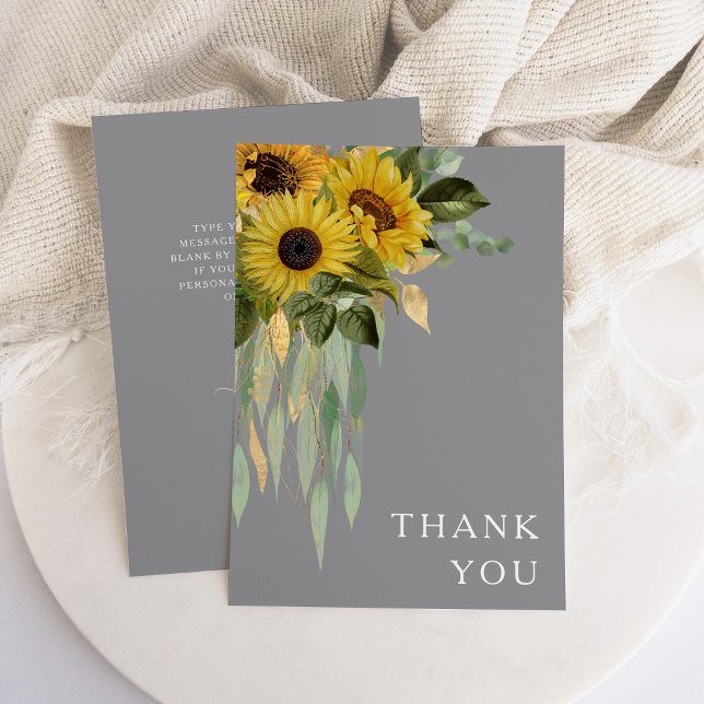 Tarjeta De Agradecimiento Boda de otoño amarillo gris de eucalipto de giraso (Sunflower Eucalyptus Gray Yellow Fall Wedding Thank You Card)
