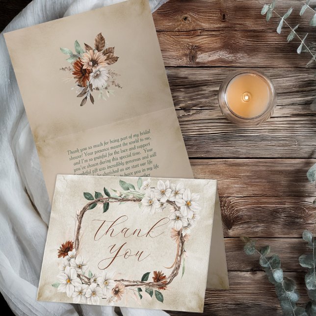 Tarjeta De Agradecimiento Boda de Otoño Boho con Flores Silvestres Muted (Boho Muted Fall Floral and Grapevine Wreath "Fall in Love" Bridal Shower Collection Thank You)